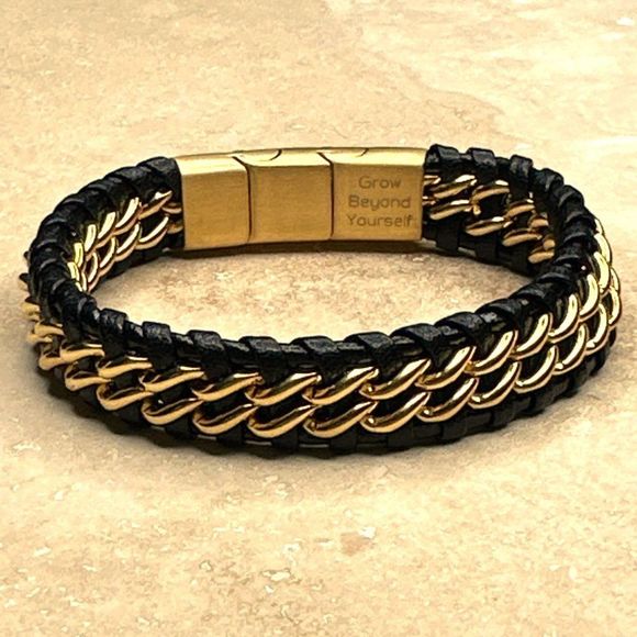 Courage Boy Other - Mens Cowhide Leather Bracelet Magnetic Clasp Black Gold New